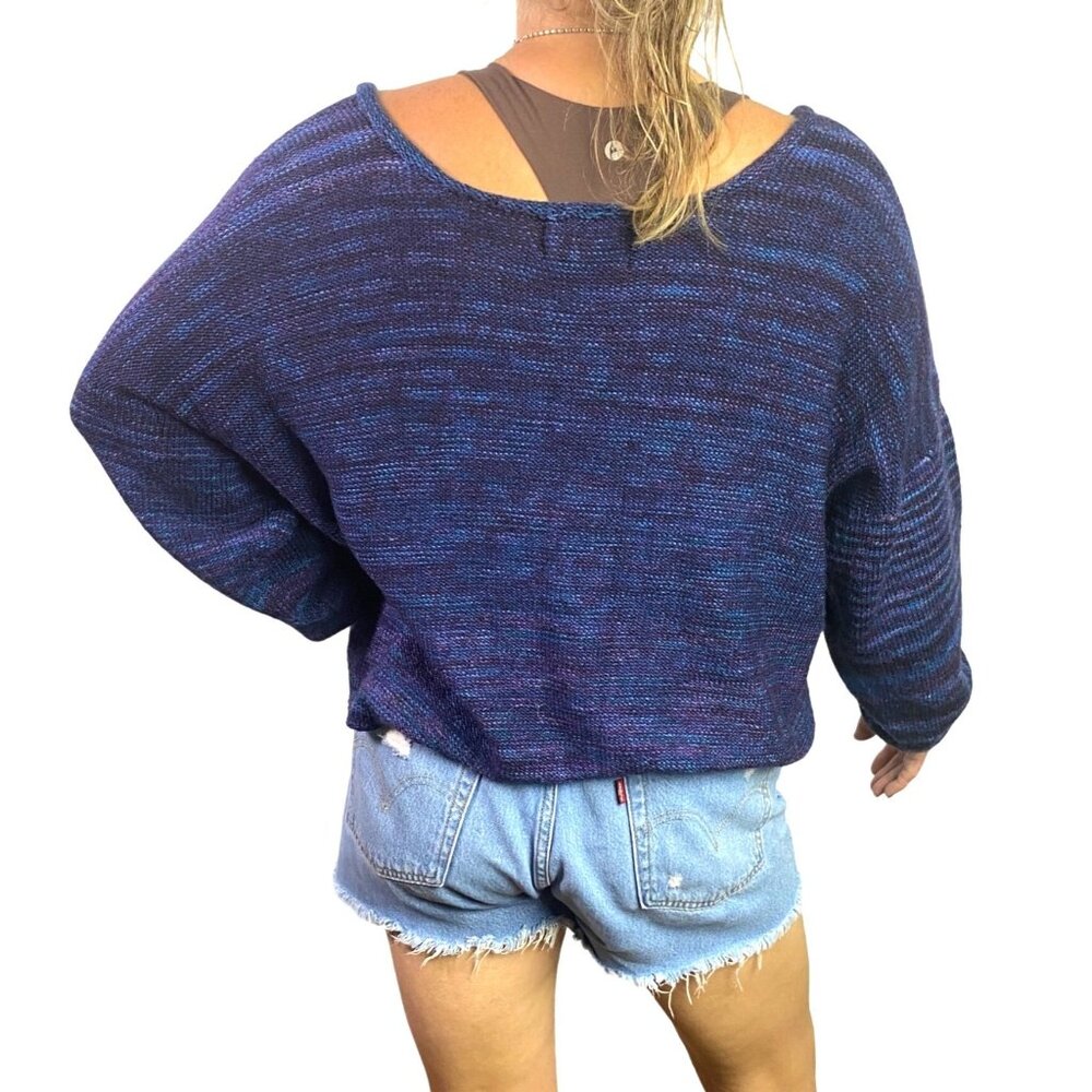 Hand Knit off shoulder Sweater V-Neck Long Sleeve Purple & Blue Size L handmade